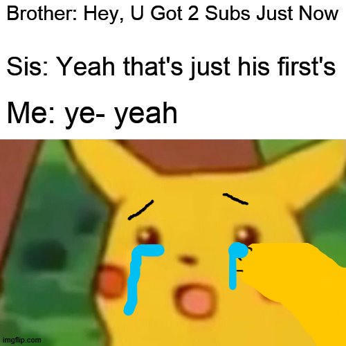 My First 2 subs | Brother: Hey, U Got 2 Subs Just Now; Sis: Yeah that's just his first's; Me: ye- yeah | image tagged in memes,surprised pikachu | made w/ Imgflip meme maker