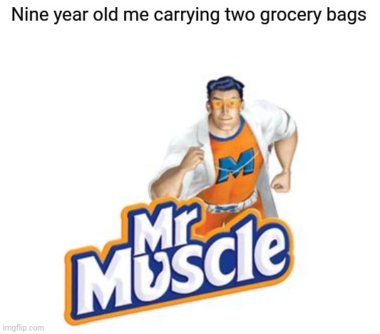 Stronk | Nine year old me carrying two grocery bags | image tagged in mr muscle,memes,funny,stronks | made w/ Imgflip meme maker
