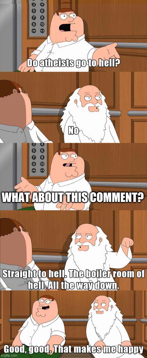 Peter and god | WHAT ABOUT THIS COMMENT? | image tagged in peter and god | made w/ Imgflip meme maker