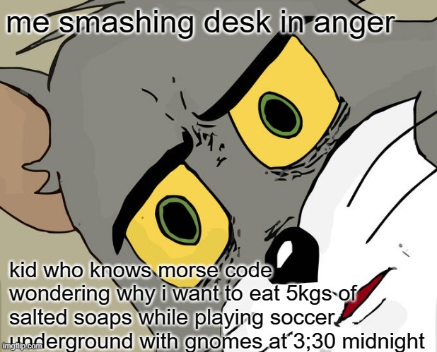 Unsettled Tom Meme | me smashing desk in anger; kid who knows morse code wondering why i want to eat 5kgs of salted soaps while playing soccer underground with gnomes at 3;30 midnight | image tagged in memes,unsettled tom | made w/ Imgflip meme maker