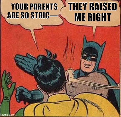 Every Conversation About My Parents | YOUR PARENTS ARE SO STRIC—; THEY RAISED ME RIGHT | image tagged in memes,batman slapping robin,relatable,parents,respect,bruh | made w/ Imgflip meme maker