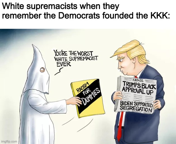 Donald Trump: the worst white supremacist ever | White supremacists when they remember the Democrats founded the KKK: | image tagged in funny,memes,politics,comics/cartoons,donald trump | made w/ Imgflip meme maker