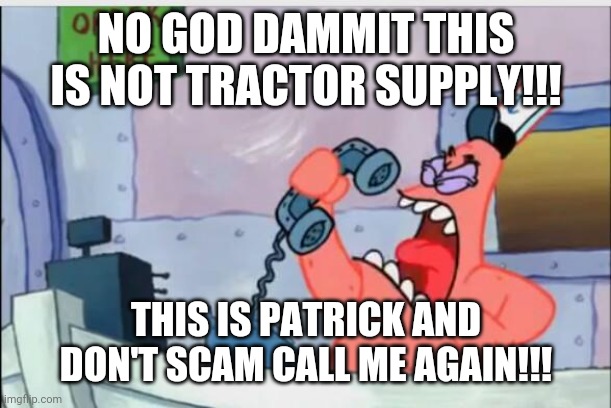 NO THIS IS PATRICK | NO GOD DAMMIT THIS IS NOT TRACTOR SUPPLY!!! THIS IS PATRICK AND DON'T SCAM CALL ME AGAIN!!! | image tagged in no this is patrick,memes | made w/ Imgflip meme maker