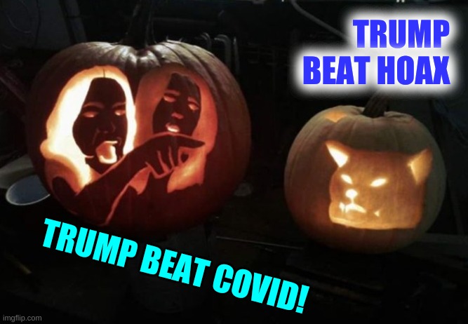 more hoax, more jokes | TRUMP BEAT HOAX; TRUMP BEAT COVID! | image tagged in woman yelling at car pumpkins,trump covid hoax,alternative facts,trump 2020,covid-19 | made w/ Imgflip meme maker