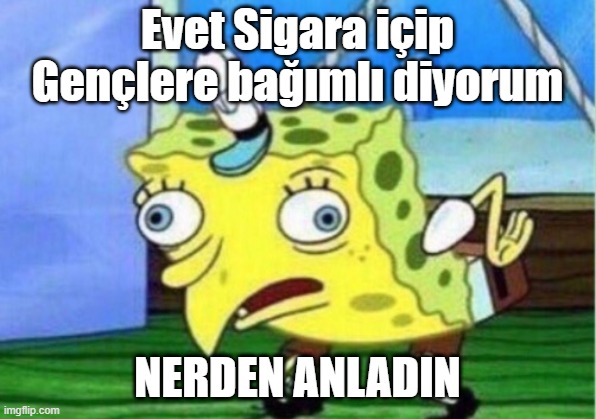 Mocking Spongebob Meme | Evet Sigara içip Gençlere bağımlı diyorum; NERDEN ANLADIN | image tagged in memes,mocking spongebob,Atman96 | made w/ Imgflip meme maker