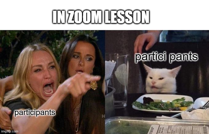 Trousers | IN ZOOM LESSON; partici pants; participants | image tagged in memes,woman yelling at cat | made w/ Imgflip meme maker