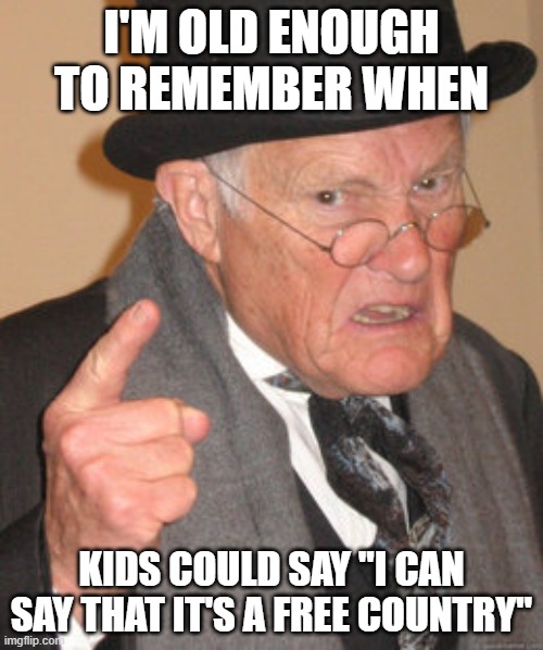 Is it Still a free country???? | I'M OLD ENOUGH TO REMEMBER WHEN; KIDS COULD SAY "I CAN SAY THAT IT'S A FREE COUNTRY" | image tagged in memes,back in my day | made w/ Imgflip meme maker