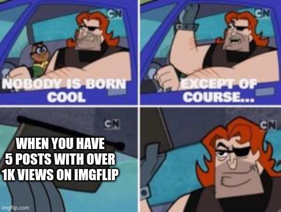 No one is born cool except | WHEN YOU HAVE 5 POSTS WITH OVER 1K VIEWS ON IMGFLIP | image tagged in no one is born cool except,fun,funny,haha,lol,fyp | made w/ Imgflip meme maker
