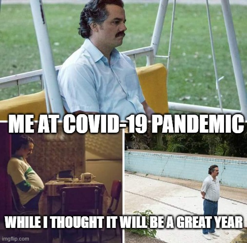 Sad Pablo Escobar | ME AT COVID-19 PANDEMIC; WHILE I THOUGHT IT WILL BE A GREAT YEAR | image tagged in memes,sad pablo escobar | made w/ Imgflip meme maker