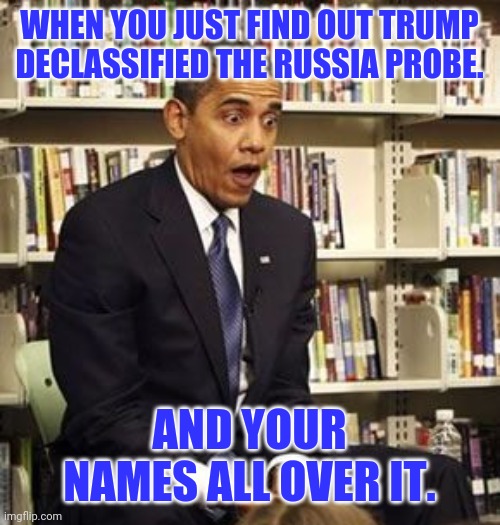 Trump Declassified The Russia Probe | WHEN YOU JUST FIND OUT TRUMP DECLASSIFIED THE RUSSIA PROBE. AND YOUR NAMES ALL OVER IT. | image tagged in donald trump,russia probe,drstrangmeme,trump 2020,crying democrats,obama | made w/ Imgflip meme maker