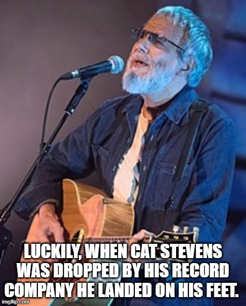 Cat Stevens | LUCKILY, WHEN CAT STEVENS WAS DROPPED BY HIS RECORD COMPANY HE LANDED ON HIS FEET. | image tagged in cat stevens | made w/ Imgflip meme maker