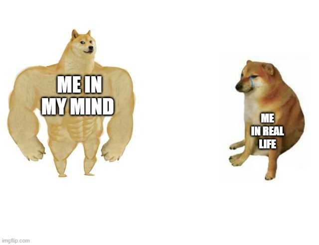Buff Doge vs. Cheems | ME IN MY MIND; ME IN REAL LIFE | image tagged in strong doge weak doge | made w/ Imgflip meme maker