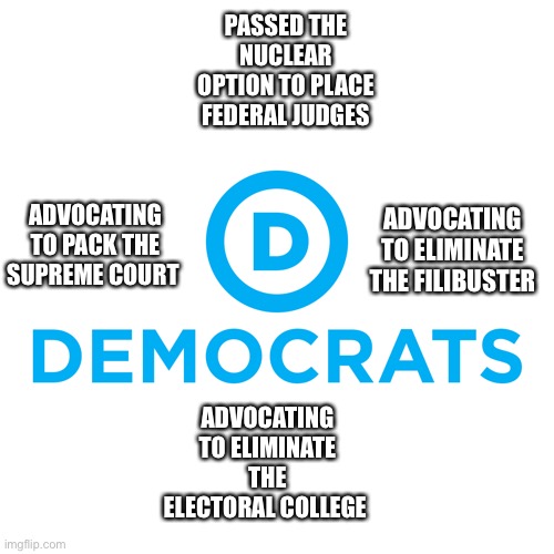 Democrats | PASSED THE NUCLEAR OPTION TO PLACE FEDERAL JUDGES ADVOCATING TO PACK THE SUPREME COURT ADVOCATING TO ELIMINATE THE FILIBUSTER ADVOCATING TO  | image tagged in democrats | made w/ Imgflip meme maker