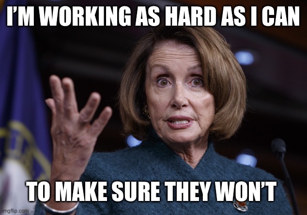 Good old Nancy Pelosi | I’M WORKING AS HARD AS I CAN TO MAKE SURE THEY WON’T | image tagged in good old nancy pelosi | made w/ Imgflip meme maker
