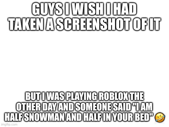 Legit this happened and I seriously regret not taking a screenshot | GUYS I WISH I HAD TAKEN A SCREENSHOT OF IT; BUT I WAS PLAYING ROBLOX THE OTHER DAY AND SOMEONE SAID "I AM HALF SNOWMAN AND HALF IN YOUR BED" 🤣 | image tagged in blank white template,roblox | made w/ Imgflip meme maker