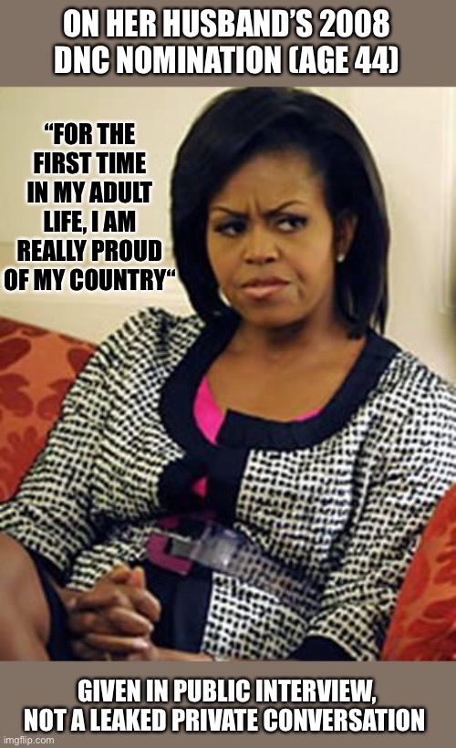 Michelle Obama is not pleased | ON HER HUSBAND’S 2008 DNC NOMINATION (AGE 44) GIVEN IN PUBLIC INTERVIEW, NOT A LEAKED PRIVATE CONVERSATION “FOR THE FIRST TIME IN MY ADULT L | image tagged in michelle obama is not pleased | made w/ Imgflip meme maker