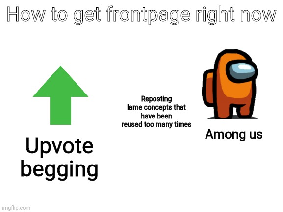 Blank White Template | How to get frontpage right now; Reposting lame concepts that have been reused too many times; Among us; Upvote begging | image tagged in blank white template | made w/ Imgflip meme maker