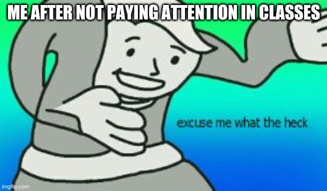 Excuse Me What The Heck | ME AFTER NOT PAYING ATTENTION IN CLASSES | image tagged in excuse me what the heck | made w/ Imgflip meme maker