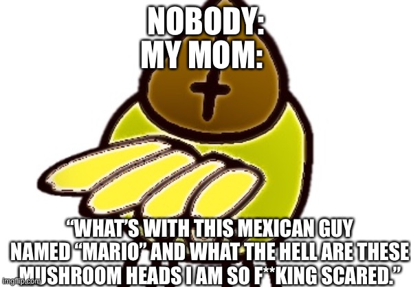 True story. |  MY MOM:; NOBODY:; “WHAT’S WITH THIS MEXICAN GUY NAMED “MARIO” AND WHAT THE HELL ARE THESE MUSHROOM HEADS I AM SO F**KING SCARED.” | image tagged in deep fried spooder leafy | made w/ Imgflip meme maker