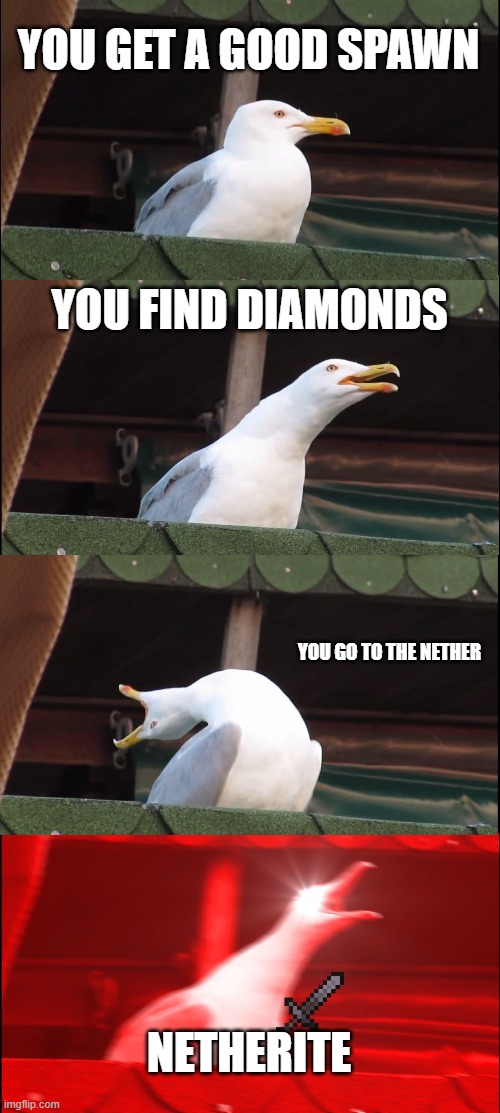 Inhaling Seagull |  YOU GET A GOOD SPAWN; YOU FIND DIAMONDS; YOU GO TO THE NETHER; NETHERITE | image tagged in memes,inhaling seagull,minecraft | made w/ Imgflip meme maker