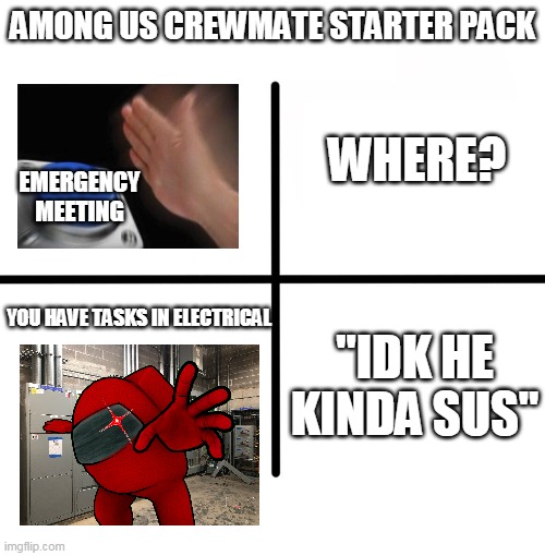 Crewmate starter pack | AMONG US CREWMATE STARTER PACK; WHERE? EMERGENCY MEETING; YOU HAVE TASKS IN ELECTRICAL; "IDK HE KINDA SUS" | image tagged in memes,blank starter pack | made w/ Imgflip meme maker