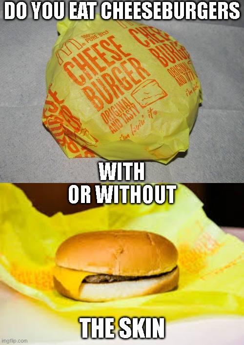 Chezbugga | DO YOU EAT CHEESEBURGERS; WITH
OR WITHOUT; THE SKIN | image tagged in question | made w/ Imgflip meme maker