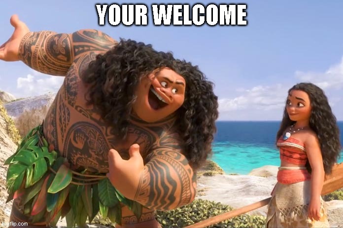 Moana Maui You're Welcome | YOUR WELCOME | image tagged in moana maui you're welcome | made w/ Imgflip meme maker