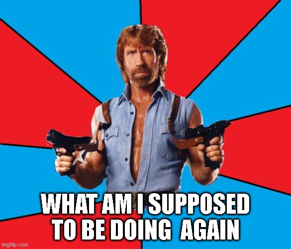 Chuck Norris With Guns Meme | WHAT AM I SUPPOSED TO BE DOING  AGAIN | image tagged in memes,chuck norris with guns,chuck norris | made w/ Imgflip meme maker