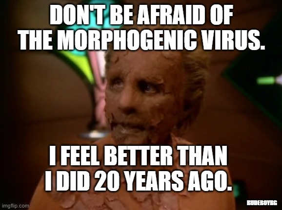 Don't Be Afraid of the Morphogenic Virus | DON'T BE AFRAID OF THE MORPHOGENIC VIRUS. I FEEL BETTER THAN I DID 20 YEARS AGO. RUDEBOYRG | image tagged in ds9,deep space nine,morphogenic virus,ds9 trump,dominion trump,don't be afraid of coronavirus | made w/ Imgflip meme maker