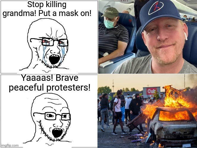 "Granny killer" vs "peaceful protester" | image tagged in covid-19,masks,riots,2020,liberal hypocrisy | made w/ Imgflip meme maker