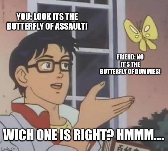 Is This A Pigeon Meme | YOU: LOOK ITS THE BUTTERFLY OF ASSAULT! FRIEND: NO IT'S THE BUTTERFLY OF DUMMIES! WICH ONE IS RIGHT? HMMM.... | image tagged in memes,is this a pigeon | made w/ Imgflip meme maker