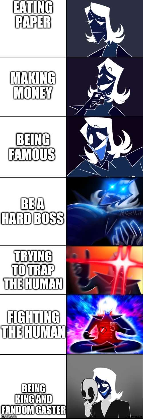 rouxls cools | EATING PAPER; MAKING MONEY; BEING FAMOUS; BE A HARD BOSS; TRYING TO TRAP THE HUMAN; FIGHTING THE HUMAN; BEING KING AND FANDOM GASTER | image tagged in rouxls kaard large edition | made w/ Imgflip meme maker