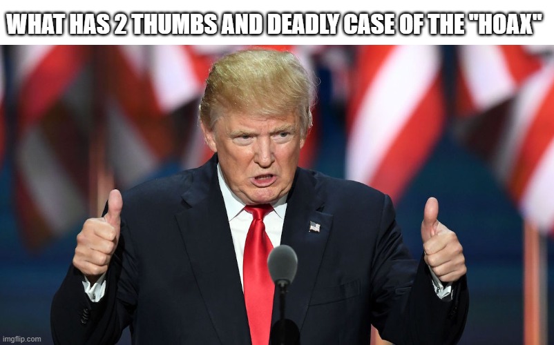 HOAX? | WHAT HAS 2 THUMBS AND DEADLY CASE OF THE "HOAX" | image tagged in hoax,trump,covid,pandemic,death,thumb | made w/ Imgflip meme maker