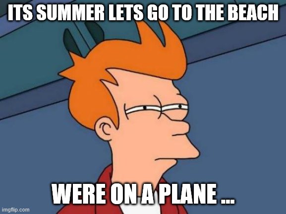 MEMES | ITS SUMMER LETS GO TO THE BEACH; WERE ON A PLANE ... | image tagged in memes,futurama fry | made w/ Imgflip meme maker