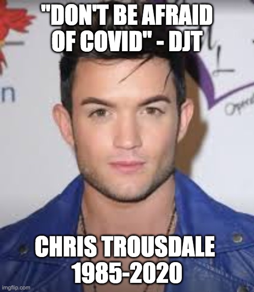 Tell that to his loved ones. #dontbeafraidofcovid | "DON'T BE AFRAID OF COVID" - DJT; CHRIS TROUSDALE 
1985-2020 | image tagged in donald trump | made w/ Imgflip meme maker