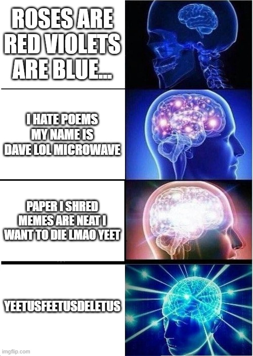 Expanding Brain | ROSES ARE RED VIOLETS ARE BLUE... I HATE POEMS MY NAME IS DAVE LOL MICROWAVE; PAPER I SHRED MEMES ARE NEAT I WANT TO DIE LMAO YEET; YEETUSFEETUSDELETUS | image tagged in memes,expanding brain | made w/ Imgflip meme maker