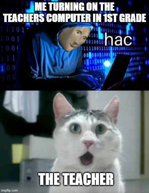 hac | ME TURNING ON THE TEACHERS COMPUTER IN 1ST GRADE; THE TEACHER | image tagged in memes,omg cat,hac | made w/ Imgflip meme maker