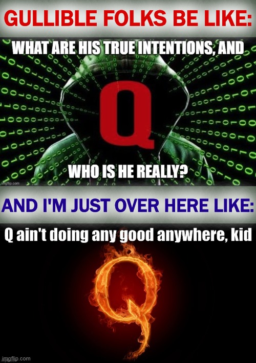 tl;dr: Q is a guy with a keyboard, his intentions are to sell t-shirts, and destroying America is a chance he's willing to take. | GULLIBLE FOLKS BE LIKE:; AND I'M JUST OVER HERE LIKE: | image tagged in qanon,cult,gullible,election 2020,conspiracy theory,conspiracy theories | made w/ Imgflip meme maker
