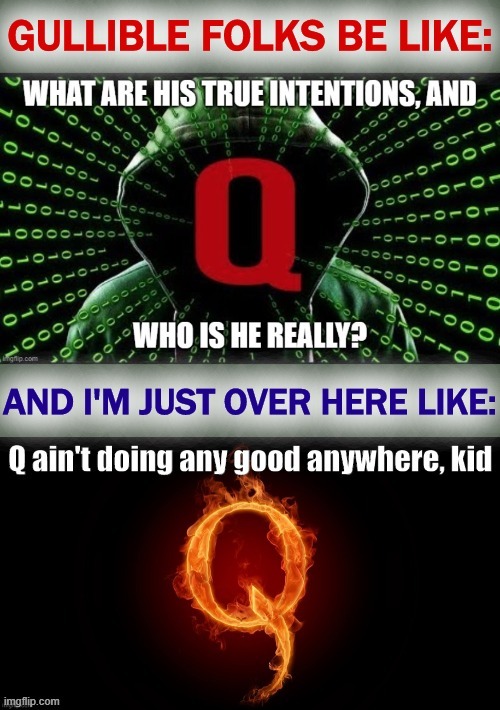 tl;dr: Q is a guy with a keyboard, his intentions are to sell t-shirts, and destroying America is a chance he's willing to take. | image tagged in qanon,conspiracy theory,conspiracy theories,cult,gullible,election 2020 | made w/ Imgflip meme maker
