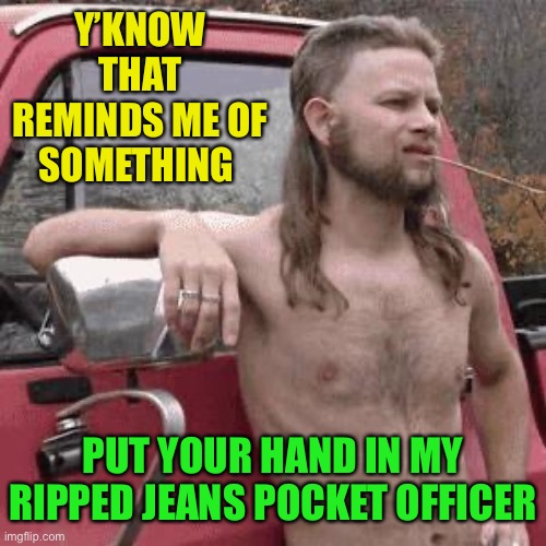 almost redneck | Y’KNOW THAT REMINDS ME OF SOMETHING PUT YOUR HAND IN MY RIPPED JEANS POCKET OFFICER | image tagged in almost redneck | made w/ Imgflip meme maker