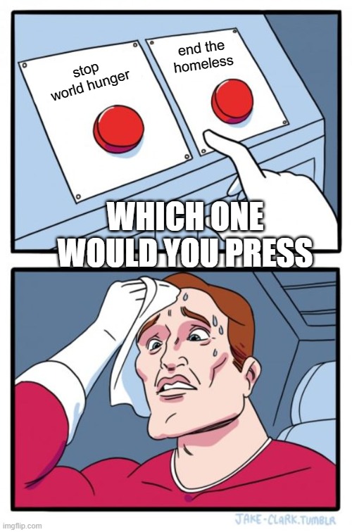 Two Buttons Meme | end the homeless; stop world hunger; WHICH ONE WOULD YOU PRESS | image tagged in memes,two buttons | made w/ Imgflip meme maker