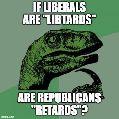 Philosoraptor | IF LIBERALS ARE "LIBTARDS"; ARE REPUBLICANS "RETARDS"? | image tagged in memes,philosoraptor | made w/ Imgflip meme maker