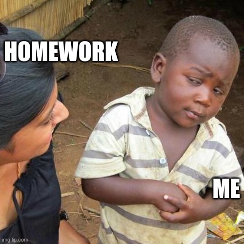 Third World Skeptical Kid Meme | HOMEWORK; ME | image tagged in memes,third world skeptical kid | made w/ Imgflip meme maker