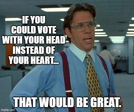 Better yet, don't vote at all. | IF YOU COULD VOTE WITH YOUR HEAD INSTEAD OF YOUR HEART... THAT WOULD BE GREAT. | image tagged in memes,that would be great,democrats | made w/ Imgflip meme maker