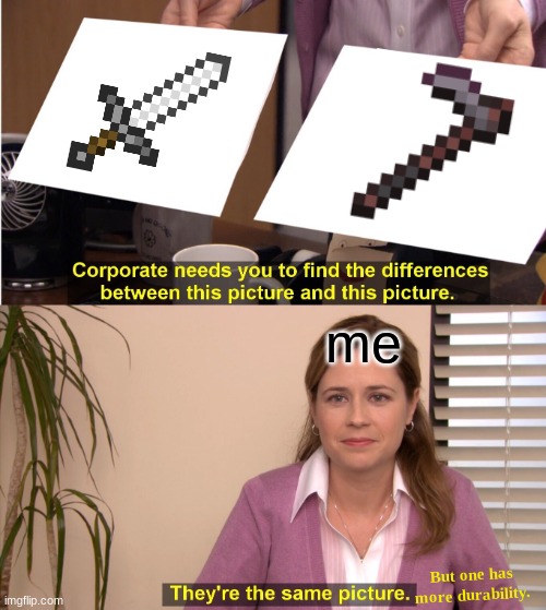What i see | me; But one has more durability. | image tagged in memes,they're the same picture,minecraft | made w/ Imgflip meme maker
