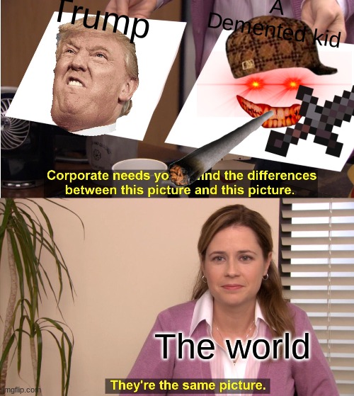 Trump is a a demented man child | Trump; A Demented kid; The world | image tagged in memes,they're the same picture | made w/ Imgflip meme maker