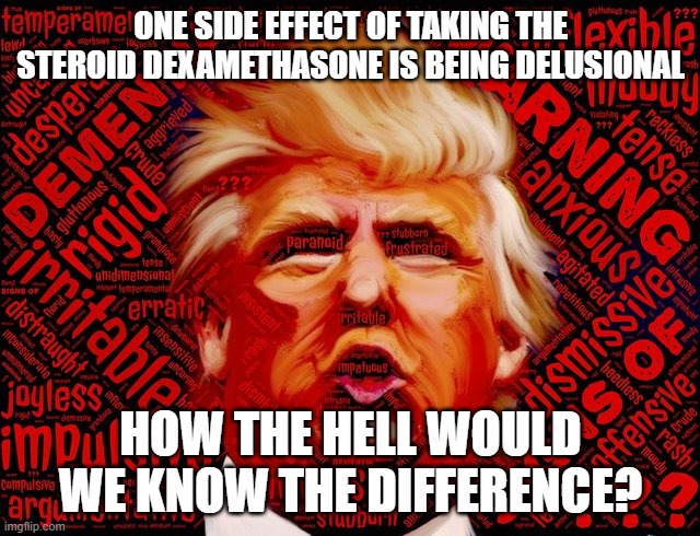 Only the brainwashed can now believe LIAR Trump.  Trump = DEATH | ONE SIDE EFFECT OF TAKING THE STEROID DEXAMETHASONE IS BEING DELUSIONAL; HOW THE HELL WOULD WE KNOW THE DIFFERENCE? | image tagged in psycho,murderer,super spreader,pandemic,covid-19,coronavirus | made w/ Imgflip meme maker