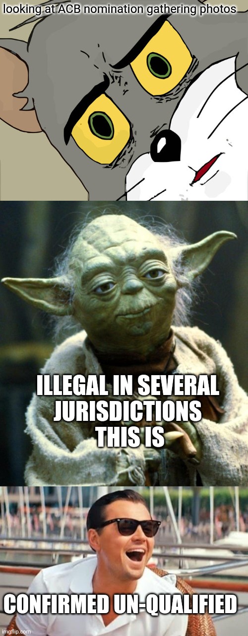 looking at ACB nomination gathering photos; ILLEGAL IN SEVERAL
JURISDICTIONS
 THIS IS; CONFIRMED UN-QUALIFIED | image tagged in memes,star wars yoda,leonardo dicaprio wolf of wall street,unsettled tom | made w/ Imgflip meme maker