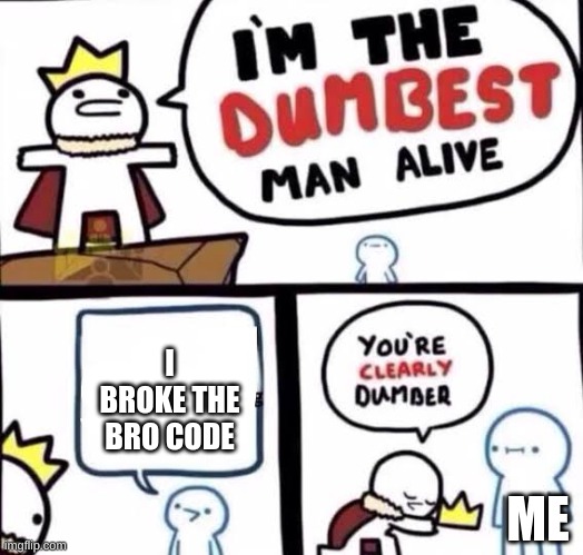 i broke the bro code :( |  I BROKE THE BRO CODE; ME | image tagged in you're clearly dumber | made w/ Imgflip meme maker