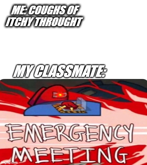 EmErGeNcY mEeTiNg | ME: COUGHS OF ITCHY THROUGHT; MY CLASSMATE: | image tagged in funny memes | made w/ Imgflip meme maker